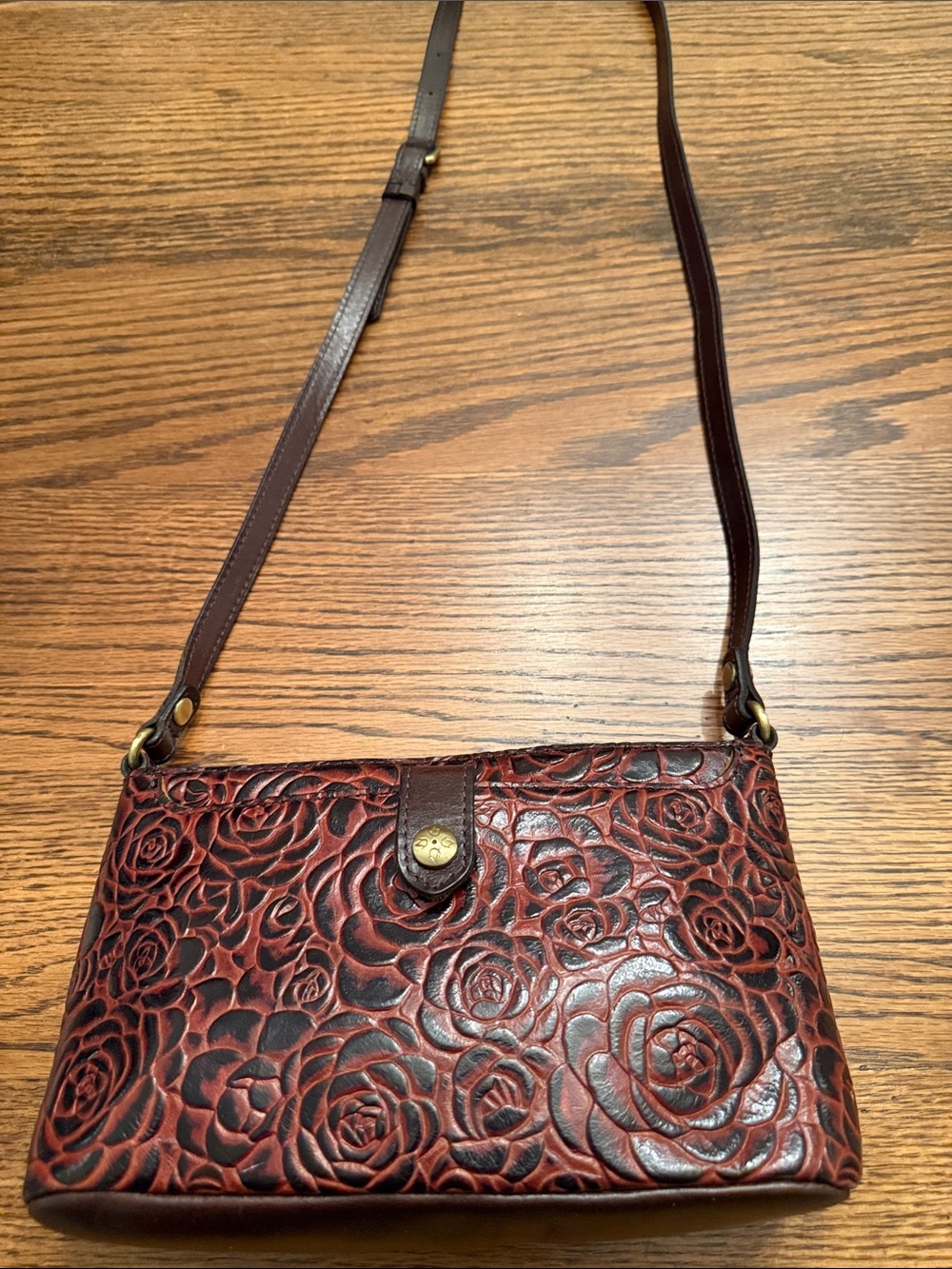 Patricia Nash Embossed Rose Leather Crossbody Brown Floral Boho Bag